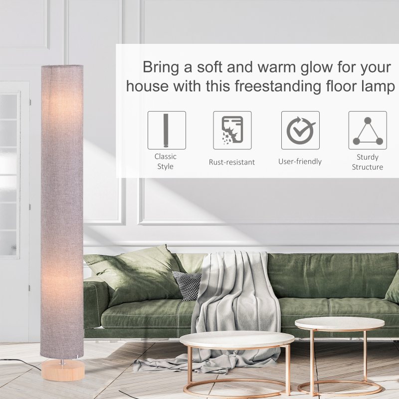 HOMCOM Floor Lamp for Living Room, 47" Modern Standing Lamp with Linen Shade, Wooden Base, Grey