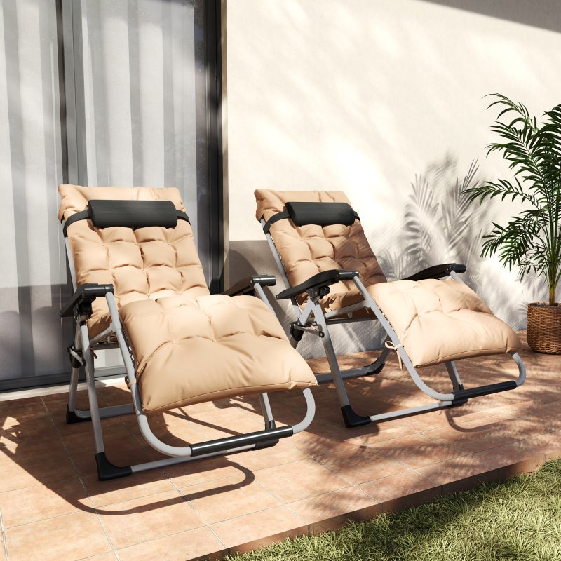 Outsunny 2 Piece Reclining Zero Gravity Chair Metal Frame Folding Garden Sun Lounger with Cushion Headrest, Khaki