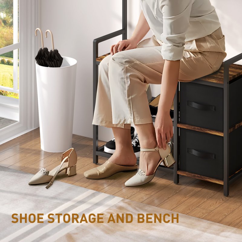 HOMCOM Coat Rack with Bench and Shoe Storage, 4-in-1 Coat Stand with 15 Coat Hooks, 2 Fabric Drawers for Hallway, Living Room, Bedroom, Rustic Brown