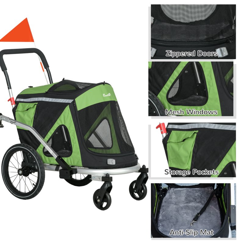 PawHut Dog Bike Trailer Dog Stroller 2 in 1 Foldable with Aluminium Frame, Quick-Release Wheels, Safety Leash, Anti-Slip Mat, Hitch Coupler, Reflectors, Flag, for Medium Dogs - Green