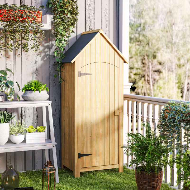 Outsunny Small Shed, Wooden Garden Storage Shed with 3 Shelves, Outdoor Tool Storage Cabinet with Tilt Roof and Lockable Door, 77.5 x 54.2 x 179.5 cm, Natural