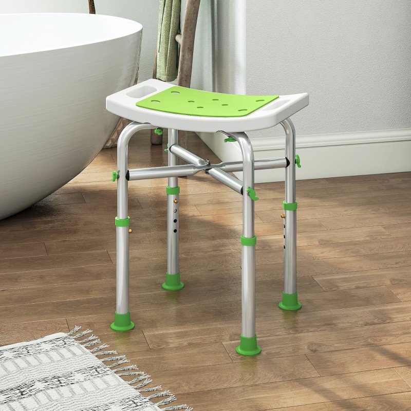 HOMCOM Shower Chair for the Elderly and Disabled, Adjustable Padded Shower Stool with Built-in Handle and Non-slip Suction Foot Pads, Green