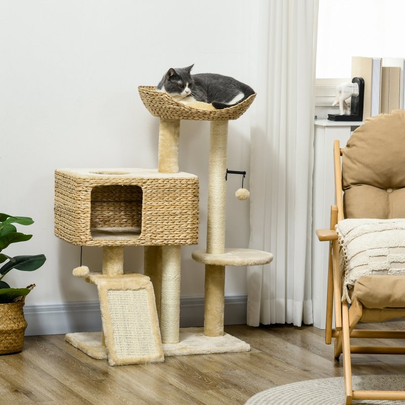 PawHut 95cm Cat Tree for Indoor Cats, Cat Tower with Scratching Posts, Ramp, Condo, Toy Balls, Platform, Bed, Ramp - Beige