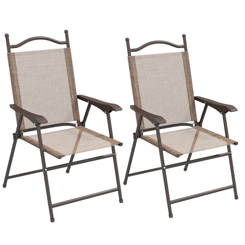 Outsunny Folding Chairs Set of 2, Garden Chair with Armrest, Breathable Mesh Fabric Seat, Camping Sports Chairs for Adults, Mixed Brown