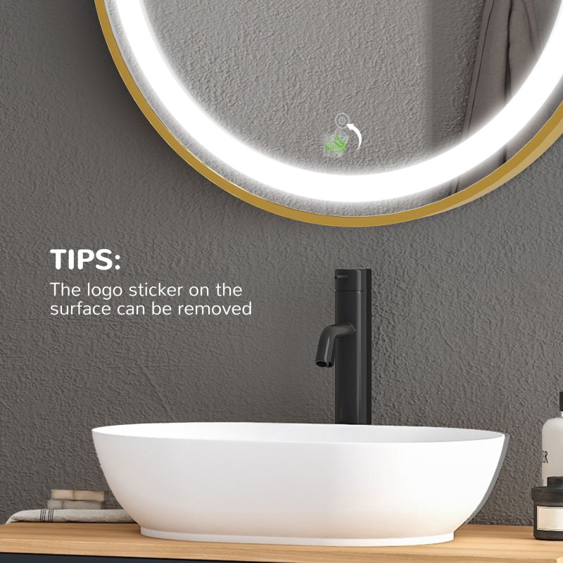 kleankin Round Bathroom LED Mirror, Dimmable Lighted Wall-Mounted Mirror with 3 Temperature Colours, Time Display, Memory Function, Hardwired, Gold