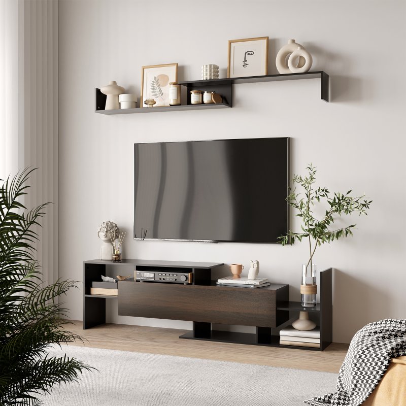 HOMCOM Modern TV Cabinet with Wall Shelf, TV Unit with Storage Shelf and Cabinet, for Wall-Mounted 65" TVs or Standing 40" TVs
