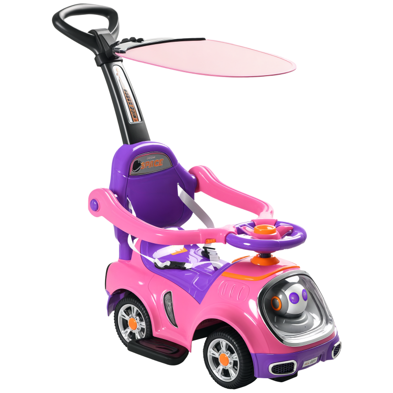 AIYAPLAY 3 in 1 Ride on Push Car, Cartoon Robot Theme Foot to Floor Slider, Baby Push Along Car with Parent Handle, Light Music Horn, Underneath Storage, for Boys Girls 12-36 Months - Pink