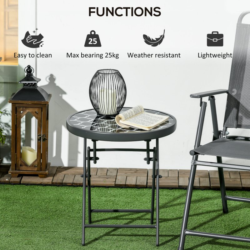 Outsunny ??45cm Garden Side Table, Outdoor Round Folding Patio Table with Imitation Marble Glass Top, Small Coffee Table, Black and White