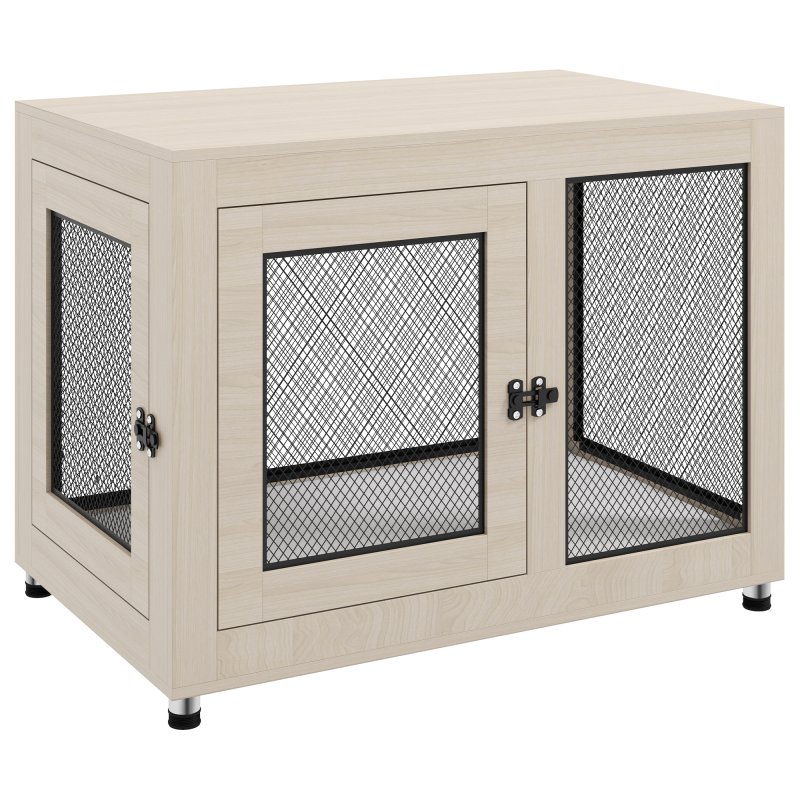 PawHut Dog Crate Furniture End Table w/ Soft Washable Cushion, Two Doors, Indoor Pet Kennel for Small Medium Large Dogs w/ Wire Mesh, Oak