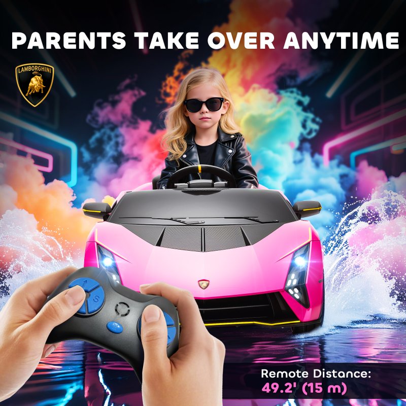 AIYAPLAY 12V Lamborghini Autentica Licensed Kids Electric Car with Butterfly Doors, Ride on Car with Remote Control, 4 Suspension Wheels, Soft Start, LED Lights, Music, Horn, Pink