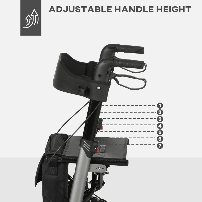 HOMCOM 4 Wheel Rollator with Seat and Back, Folding Mobility Walker with Carry Bag, Adjustable Height, Dual Brakes, Cane Holder, Lightweight Aluminium Walking Frame for Seniors and Disabled