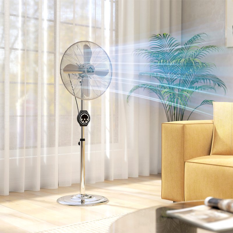 HOMCOM 16" Metal Pedestal Fan, Electric Standing Floor Fan, Oscillating, Adjustable Height, 3 Speed, 7.5H Timer, Remote Control, Sleep Mode, for Home Office Bedroom, Silver Tone