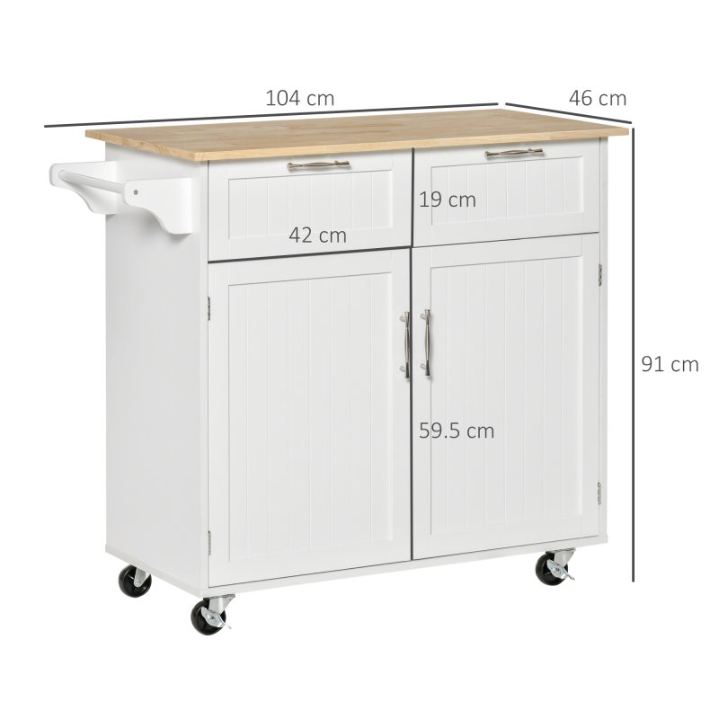 HOMCOM Kitchen Island Utility Cart, with 2 Storage Drawers & Cabinets for Dining Room, White
