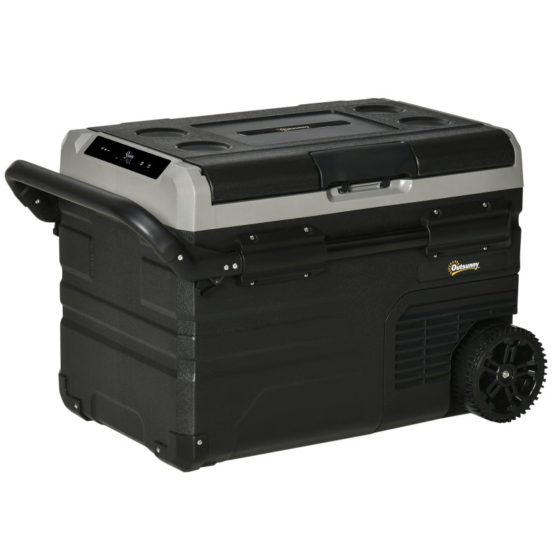 Outsunny 40L Car Refrigerator, Portable Compressor Cooler Box, Fridge Freezer w/ Inner LED Light, Foldable Handles, Cup Holders, 12/24V DC and 110-240V AC for Campervan RV Boat Travel Down to -20°C