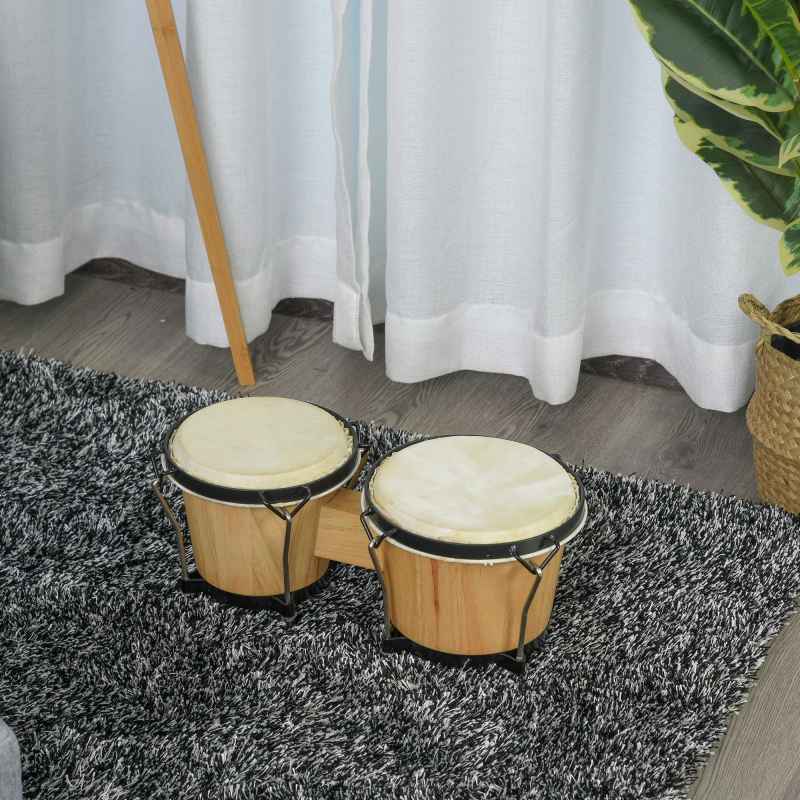 HOMCOM Wooden Bongo Drum Set ??7.75" & ??7" w/ Drum Head, Percussion Instrument, Drums, Tuning Wrench For Adults Beginners