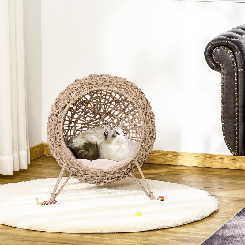 PawHut Wicker Cat House, Rattan Elevated Cat Bed with Three Tripod Legs, Ball-Shaped Cat Basket with Cushion - Natural Wood Finish