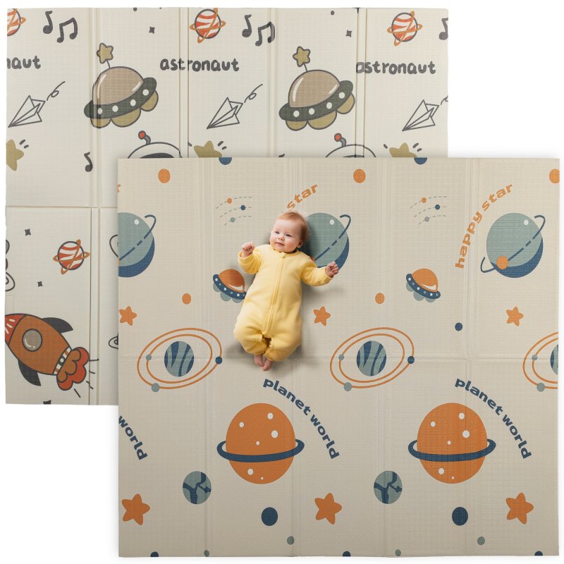 AIYAPLAY Baby Play Mat Double Sided, Foldable & Reversible Activity Playmat, Waterproof Kids Foam Crawling Mat for Outdoor Indoor Playtime Picnics, 196 x 176 x 1.5cm, Astronaut & Planet Theme