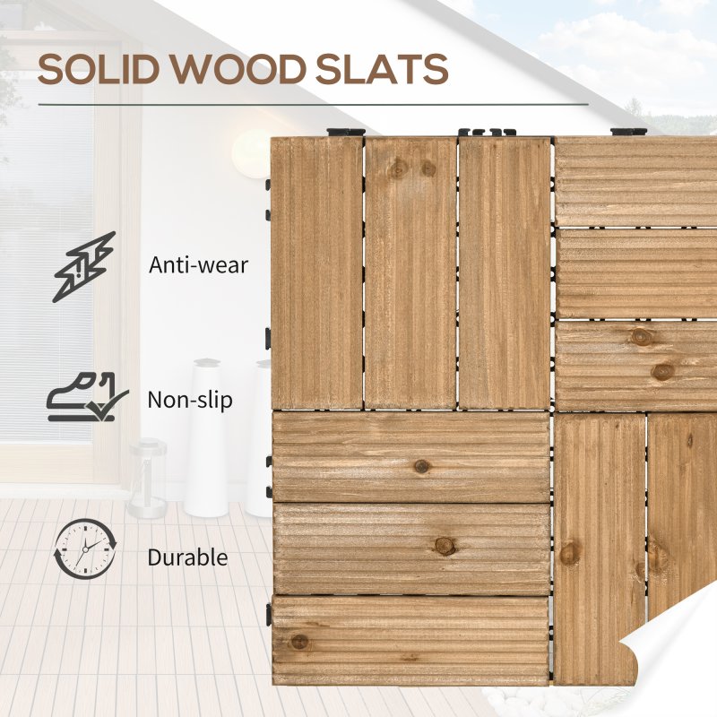 Outsunny 27 Pcs Wooden Interlocking Decking Tiles, Outdoor Flooring Tiles for Patio, Balcony, Terrace, Hot Tub, 30 x 30 cm per Piece, 2.5m² per Pack, Brown