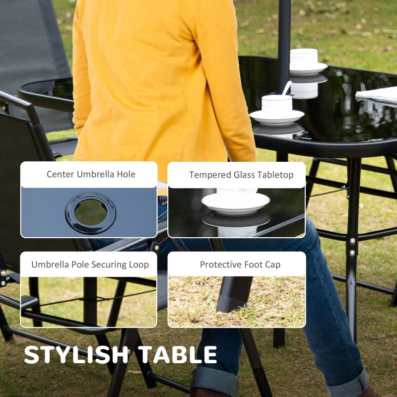 Outsunny 8 Pieces Metal Garden Furniture Set with Parasol and Folding Chairs, Garden Dining Set, 6 Seater Outdoor Table and Chairs with Tempered Glass Top, Black