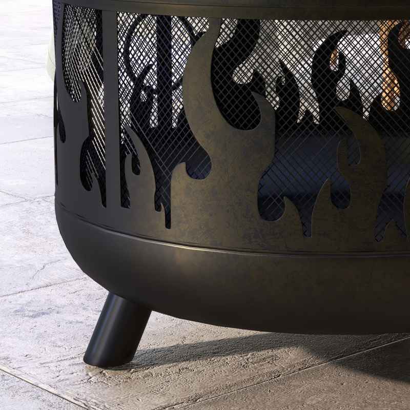 Outsunny Metal Firepit Bowl Outdoor 2-In-1 Round Fire Pit w/ Lid, Grill, Poker, Handles for Garden, Camping, BBQ, Bonfire, Wood Burning Stove, 61.5 x 61.5 x 52cm, Black