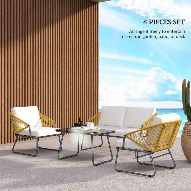 Outsunny 4 Piece Rattan Garden Furniture Set, Wicker Patio Outdoor Furniture Set with Loveseat, Armchairs, Glass Top Coffee Table and Cushions for Patio, Conservatory, Balcony, Natural Wood Finish
