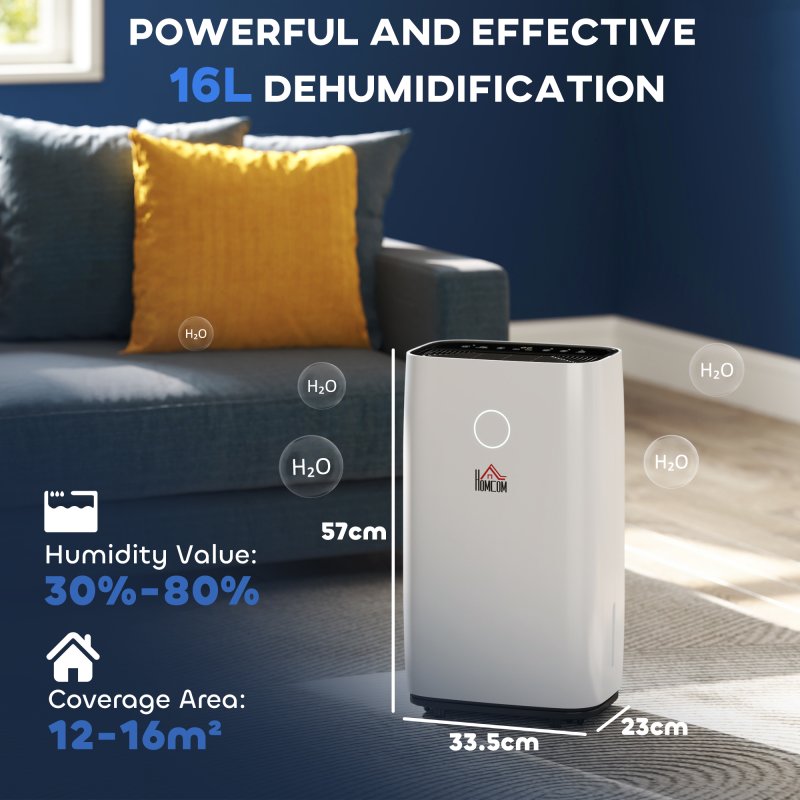HOMCOM 16L/Day Portable Dehumidifier for Home, with LED Screen, Sleep Mode, 24H Timer, 4L Water Tank, Electric Air Dehumidifier for Damp Laundry Bedroom Basement