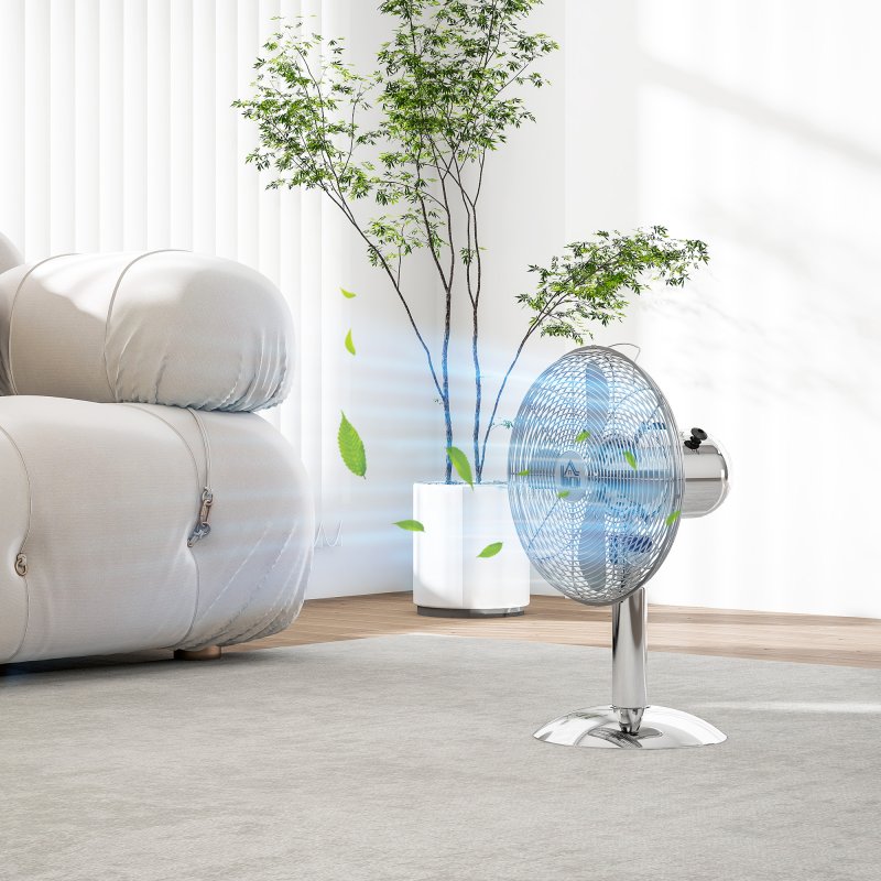 HOMCOM 12" Metal Desk Fan with 3 Speed Settings, Wide-Angled Oscillation, Adjustable Tilt, Portable Table Fan for Bedroom or Home Office, Silver Tone