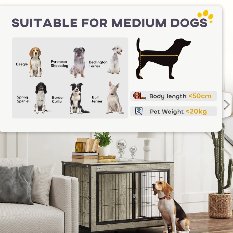 PawHut Dog Crate Furniture on Wheels, Dog Cage End Side Table with Lockable Double Doors, for Medium Breeds, 80 x 56 x 62.5cm, Grey