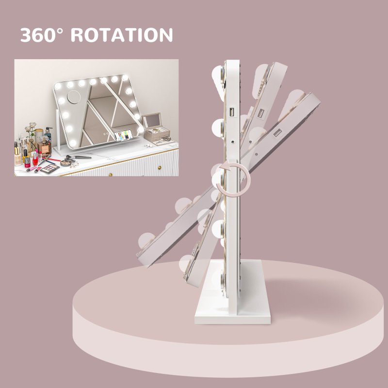 HOMCOM Hollywood Vanity Mirror with Lights, Large 63x50 cm Lighted Makeup Mirror with 3 Colour, 14 LED Bulbs, 10X Magnifying, USB Charging Port, Phone Holder, 360?? Rotation, Touch Screen