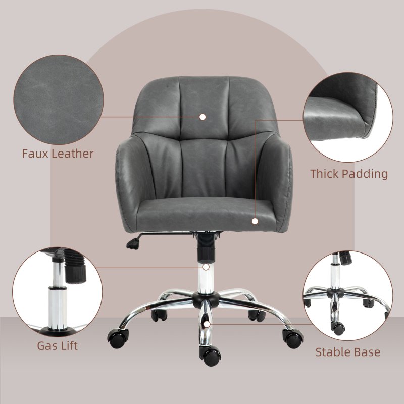 HOMCOM Computer Desk Chair, PU Leather Swivel Office Chair, Makeup Vanity Chair with Height Adjustable, Wheels, for Home Study Bedroom, Grey