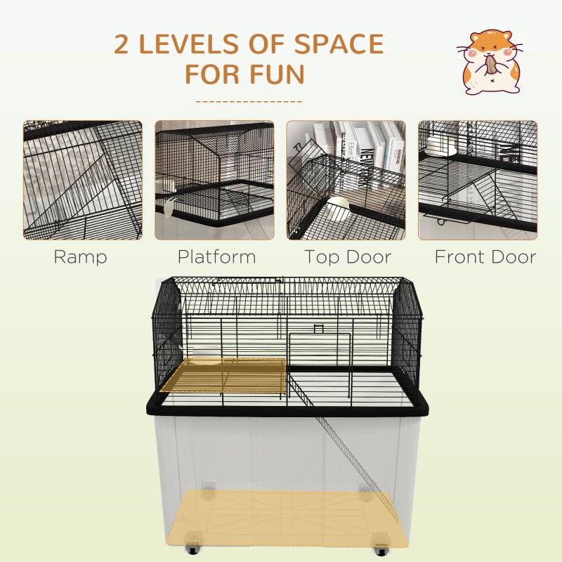 PawHut Hamster Cage, Gerbil Cage 2 Tier with Wheels, Deep Bottom, Ramp, Food Dish, Water Bottle, for Dwarf, Syrian, 57 x 43 x 57cm - Black
