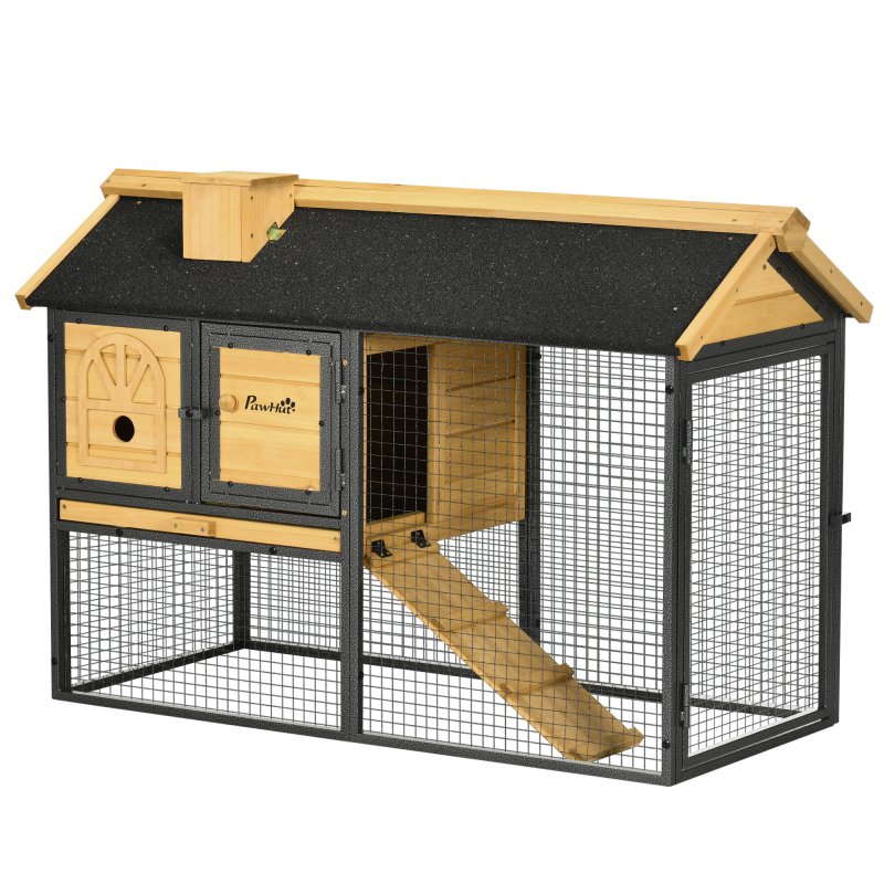 PawHut 2 Tiers Rabbit Hutch and Run, Guinea Pig Hutch Outdoor with Sliding Tray, Ramp, for 1-2 Rabbits