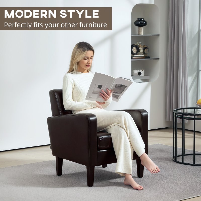 HOMCOM Modern Wingback Living Room Chair, Upholstered PU Leather Accent Armchair,  Single Sofa Chair with Lounge Seat and Wood Legs for Bedroom/Office/Reading Spaces, Brown