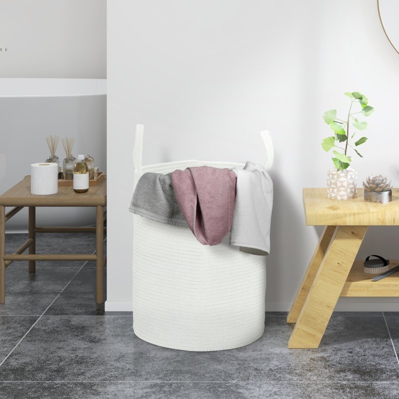 HOMCOM 36L Laundry Hamper, Cotton Rope Laundry Basket with Handles, Collapsible Washing Bin, 38 x 45cm, Cream White