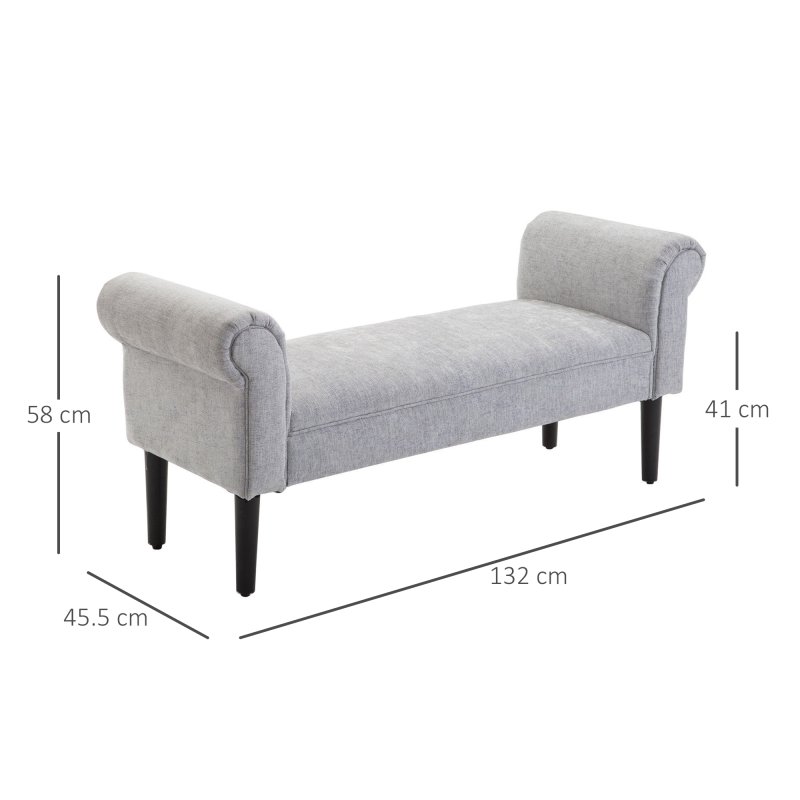 HOMCOM Bed End Bench, Window Seat, Linen Chaise Lounge Sofa with Arm and Wooden Legs for Bedroom, Living Room, Grey