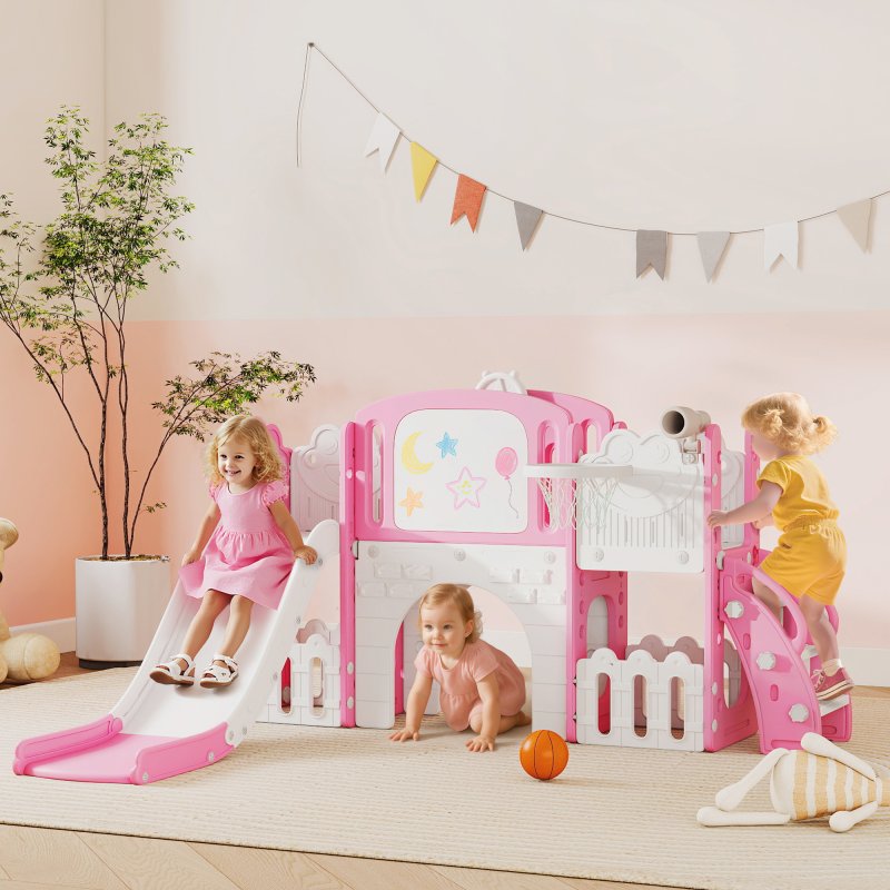 AIYAPLAY 7 in 1 Toddler Slide Set with Basketball Hoop, Outdoor & Indoor Frog Theme Playset with Climbing Frame, Telescope, Drawing Board, Storage Box for Toddlers Ages 1-3, Pink