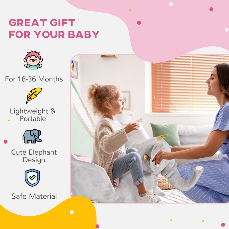 HOMCOM Baby Rocking Horse Plush Ride On Elephant Rocker with Sound Safety Belt Toddler Toy for 18 - 36 Months