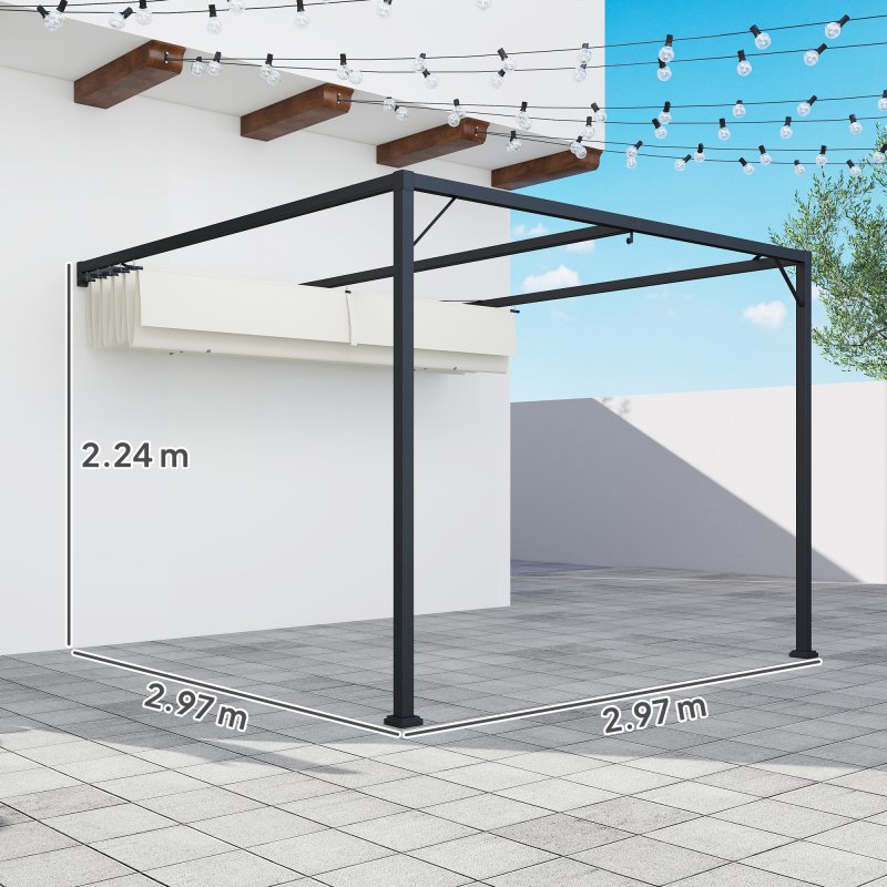 Outsunny 3 x 3(m) Outdoor Lean To Pergola Retractable Canopy Wall Mounted Gazebo Patio Shelter Sun Shade, Cream White