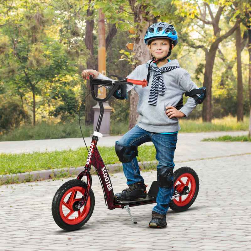 AIYAPLAY Kids Scooter, Big Wheel Kick Scooter with Adjustable Height Handlebar, Non-slip Footplate, Rear Brake, Kickstand, for Kids 6-12 Years Old, Red