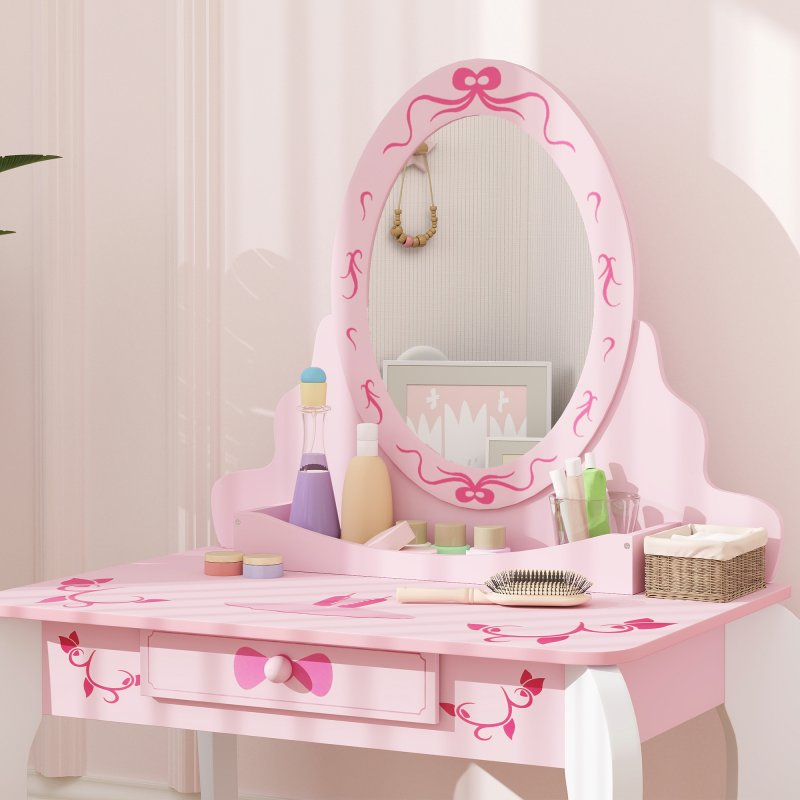 AIYAPLAY Kids Dressing Table Set, Two-Piece Kids Vanity Table with Stool, Mirror, Drawer, Desktop Storage, Ballet Theme, Girls Makeup Desk, Chair, Pink