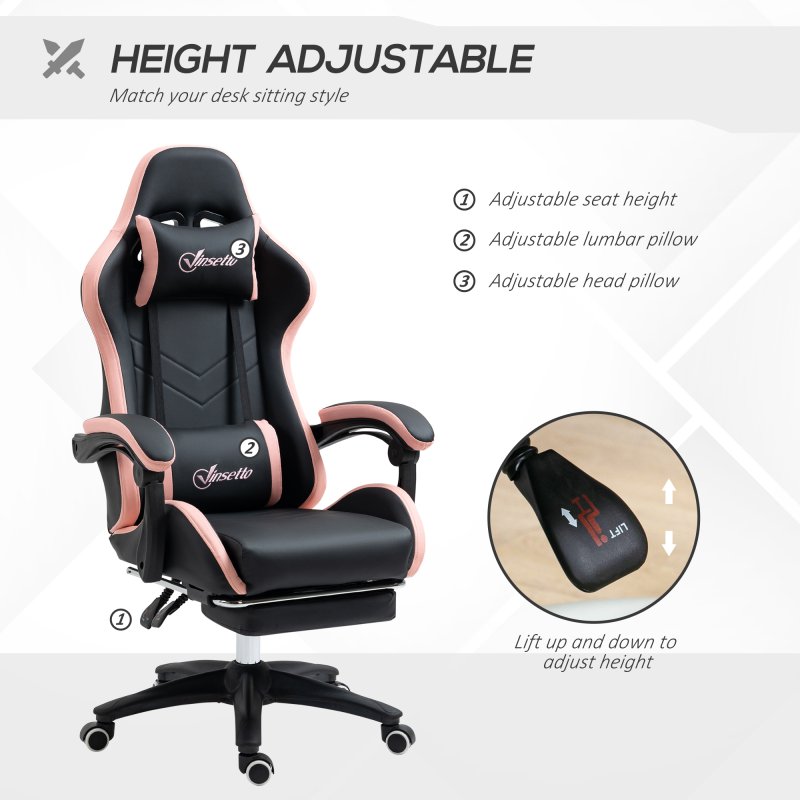 Vinsetto Computer Gaming Chair, PU Leather Desk Chair with Footrest, Swivel Task Chair with 135° Reclining Back and Lumbar Support, PC Chair for Adults, Black and Pink