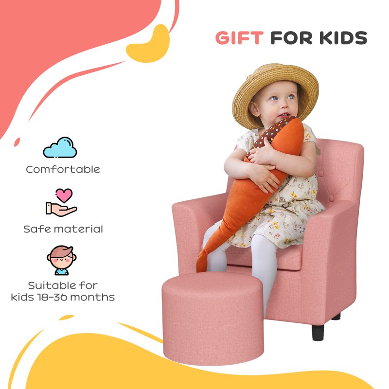 AIYAPLAY Kids Sofa Set, Toddler Chair with Footrest, Single Seater Kids Armchair for Playroom Bedroom, Pink
