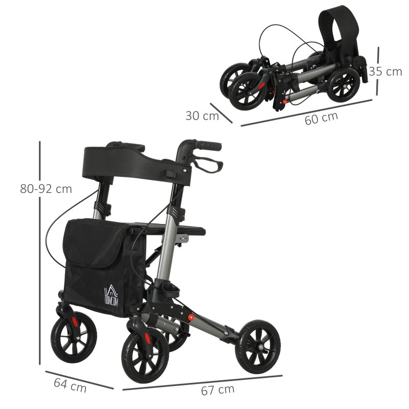 HOMCOM 4 Wheel Rollator with Seat and Back, Folding Mobility Walker with Carry Bag, Adjustable Height, Dual Brakes, Cane Holder, Lightweight Aluminium Walking Frame for Seniors and Disabled