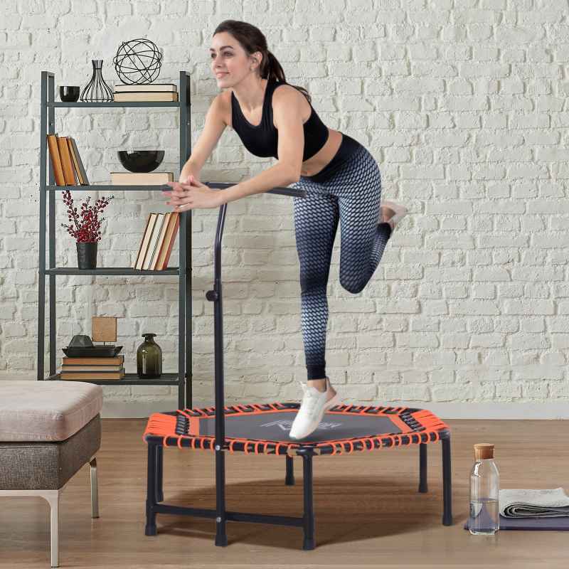 HOMCOM 48" Mini Fitness Trampoline Rebounder Indoor Outdoor Mini Jumper with Adjustable Handle Hexagonal Orange