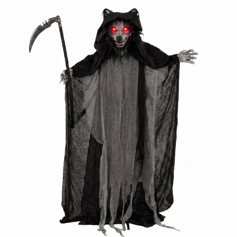 HOMCOM Halloween Animatronic Standing Werewolf Animated Decoration, Life-Size Halloween Animatronic with Light-Up Eyes, Sound and Touch Activated, Moving Head Prop for Haunted House Party