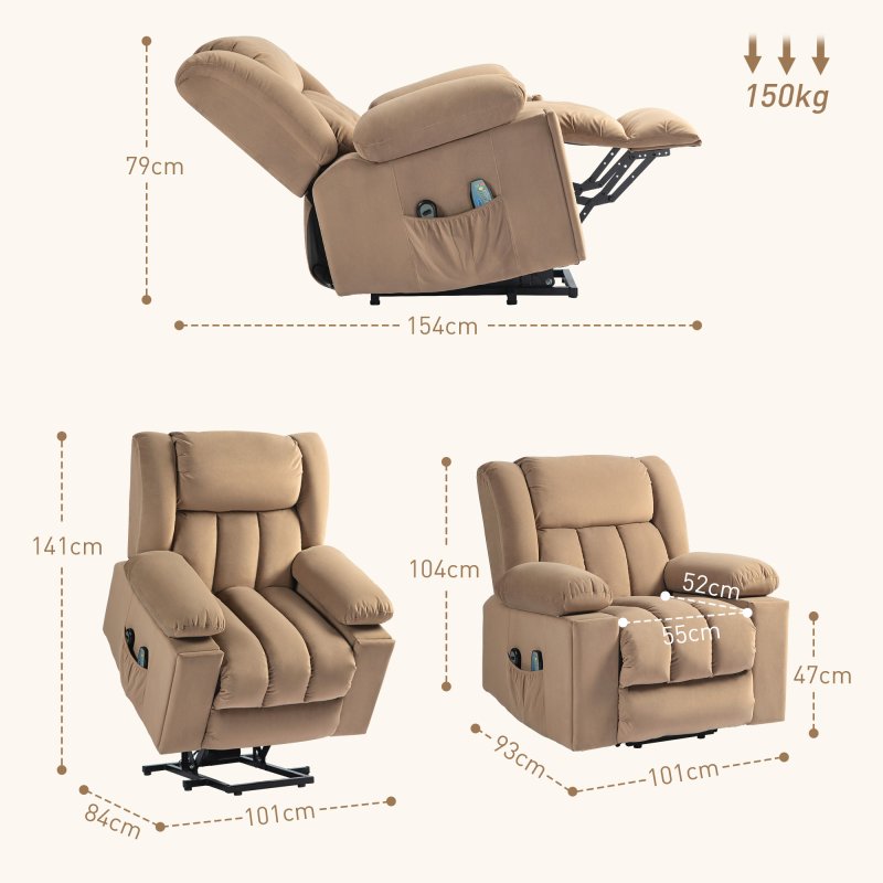 HOMCOM Power Lift Recliner Chair with Vibration Massage and Heat, Electric Lift Chair for Elderly, Overstuffed Fabric Riser and Reclining Armchair with USB Ports, Cup Holders, Light Brown