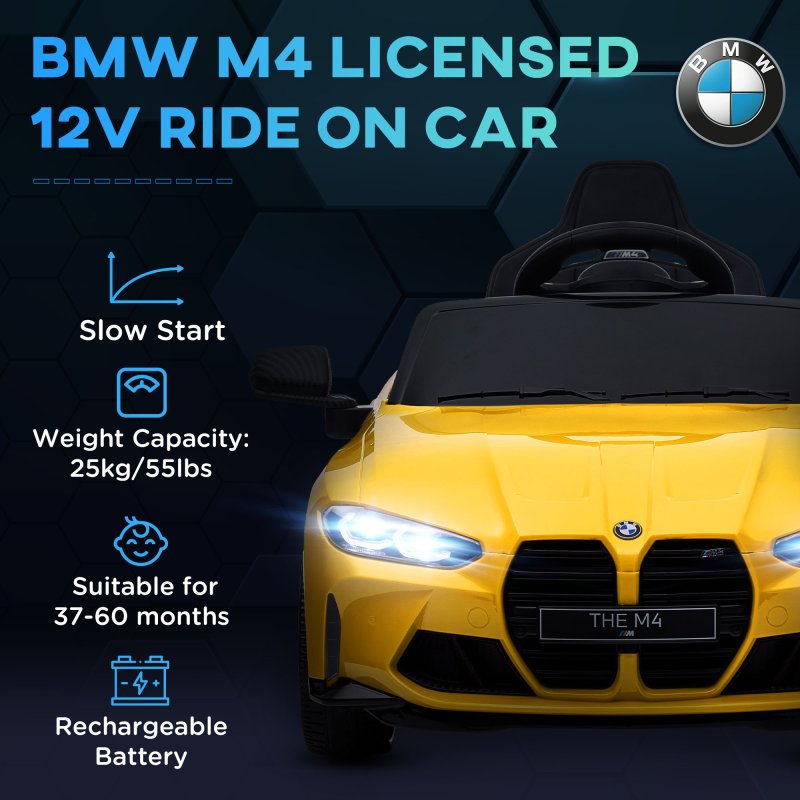 AIYAPLAY BMW M4 Licensed Electric Car for Kids, 12V Kids Electric Ride on with Remote Control, Suspension, Music, Horn, LED Lights, for Ages 3-5 Years, Yellow