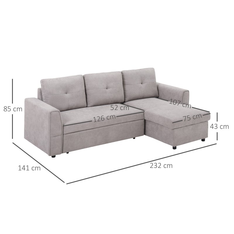 HOMCOM 3 Seater Sofa Bed, L Shaped Pull Out Sofa Bed with Storage, Convertible Click Clack Settee Sectional Sleeper Futon for Living Room, Office, Grey