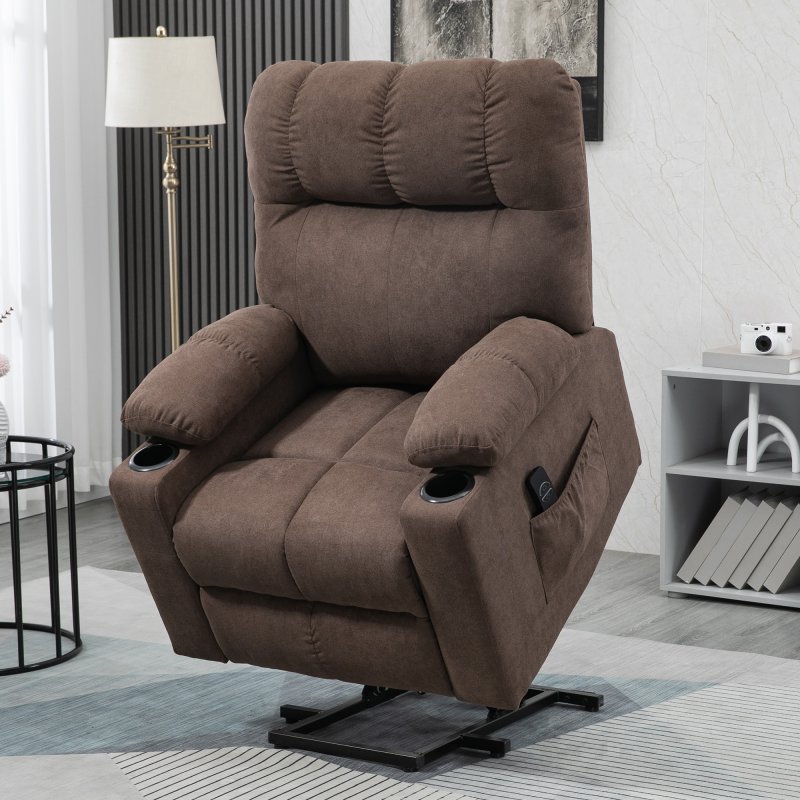 HOMCOM Power Lift Chair Recliner for Elderly, Velvet-touch Fabric Electric Riser and Recliner Chair for Living Room with Remote Control, Side Pockets, Cup Holders, Dark Brown
