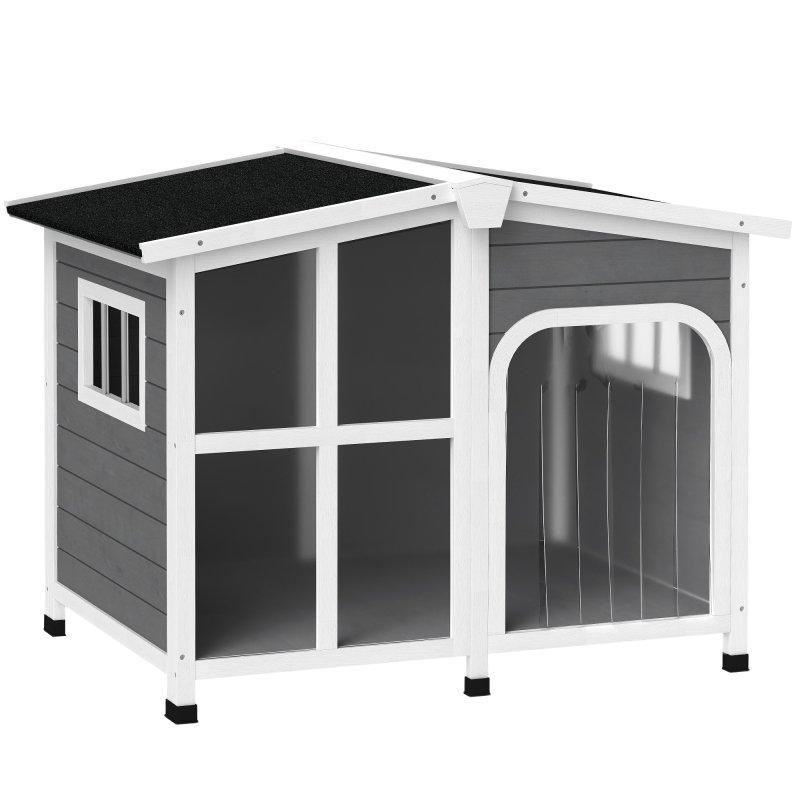 PawHut Wooden Dog Kennel, Elevated Dog House with Removable Floor, Asphalt and Openable Roof, Giant Window, Outdoor Pet House Shelter for Large Dogs, Charcoal Grey